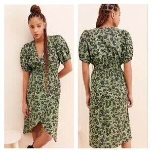 Just Female Alice Floral Faux Wrap Puff Sleeve Midi‎ Dress L